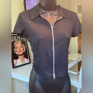 black ribbed zip up shirt